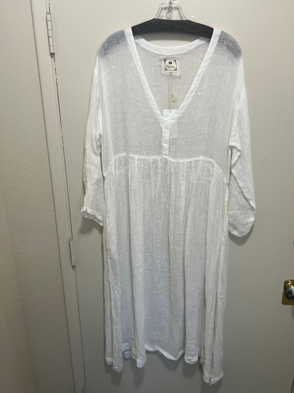 Relaxed White V-Neck Linen Blend Tunic Dress
